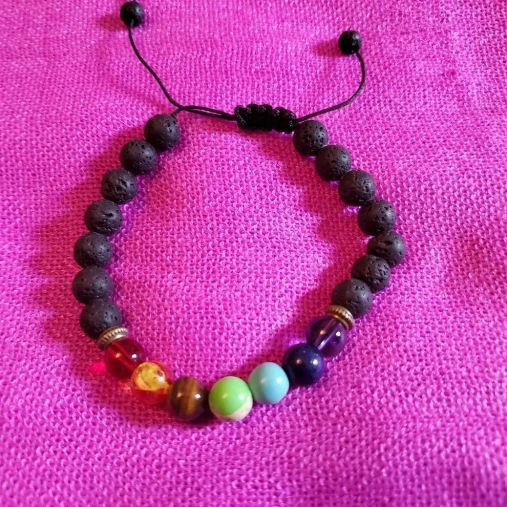 0241. Lavastone & Gemstone Chakra Healing, Adjustable Bracelet - Men or Women…